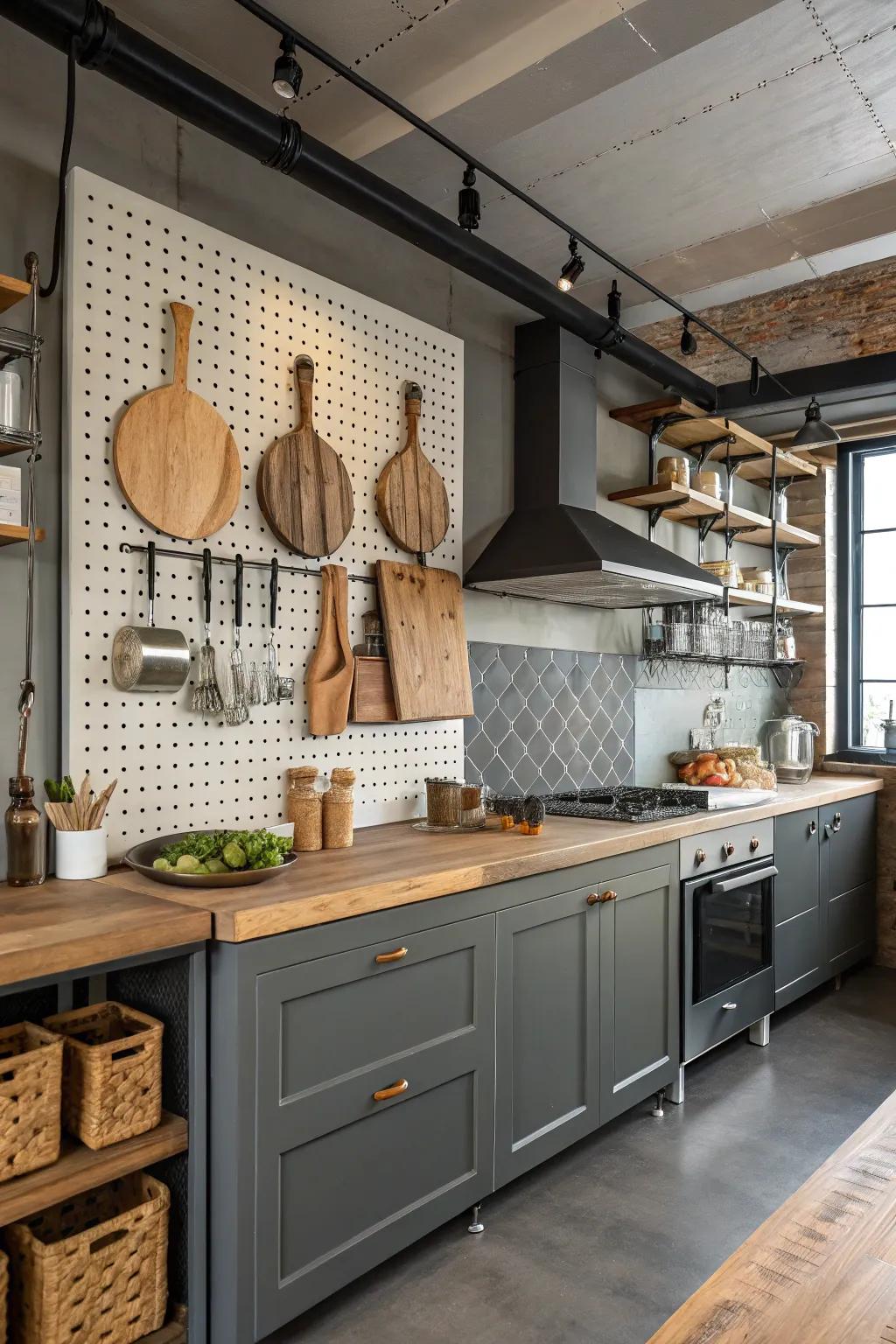 Pegboard system showing off chopping blocks in a creative way.