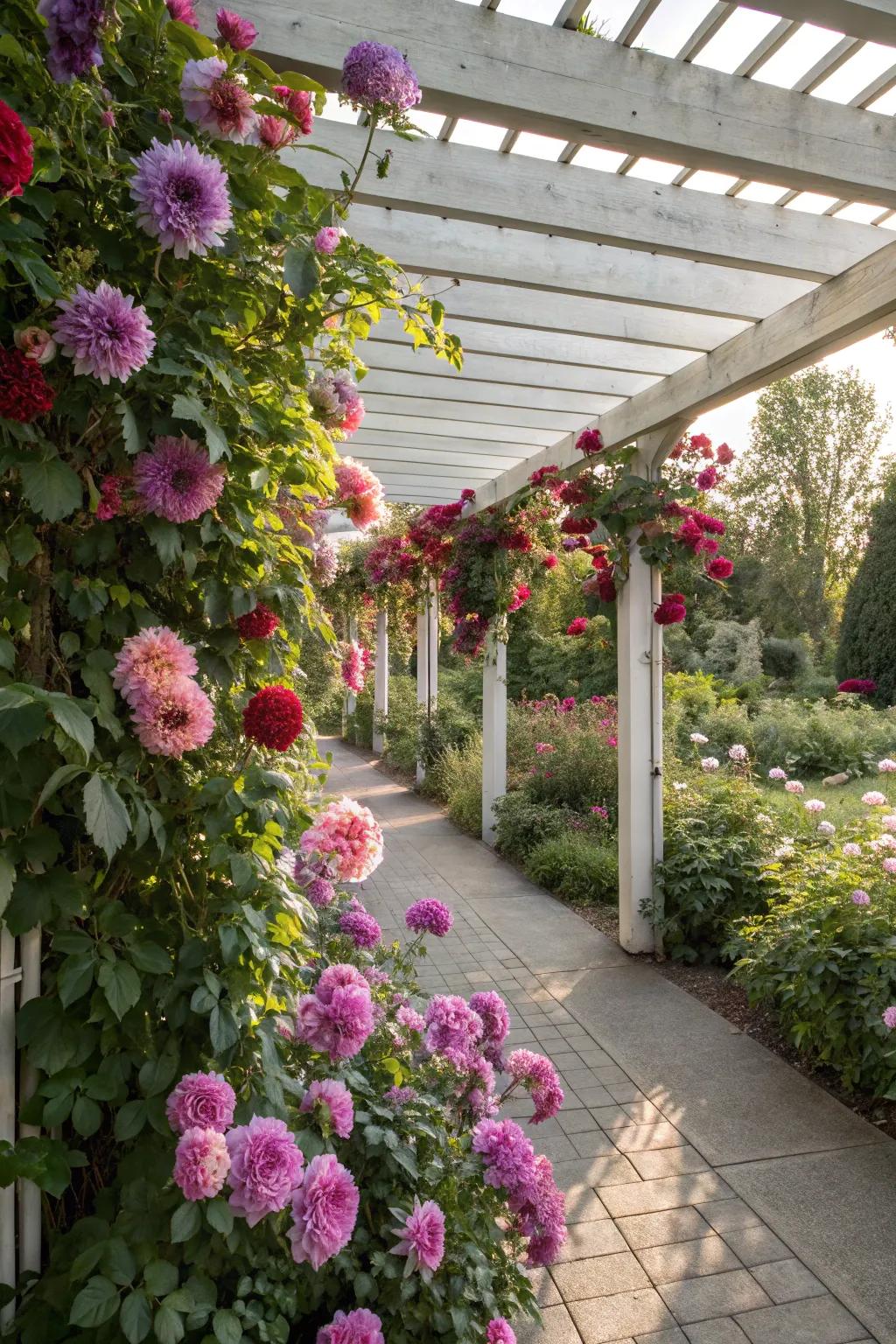 A dahlia-draped pergola offering shade and splendor.