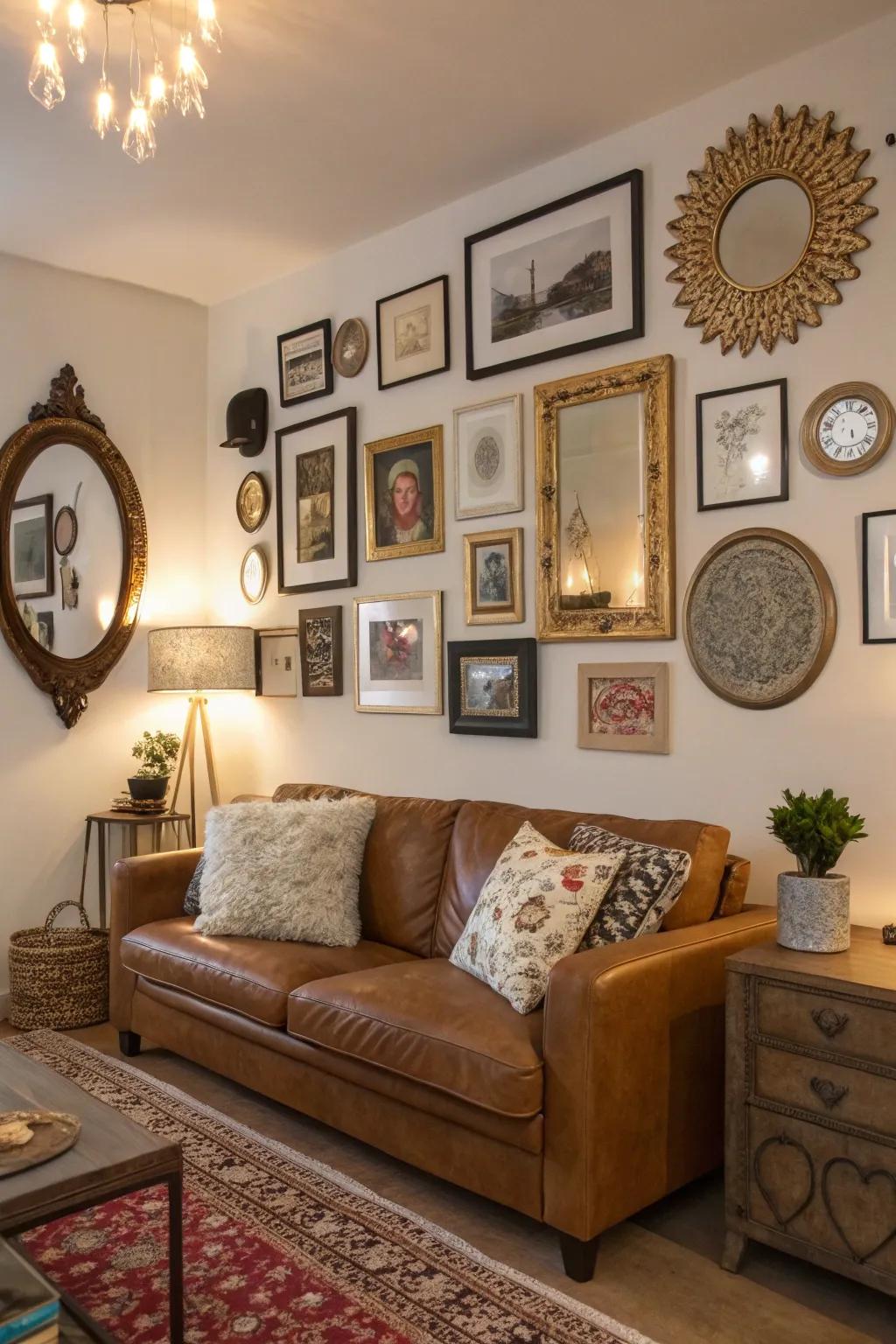 Varied wall décor contributes personality and depth.