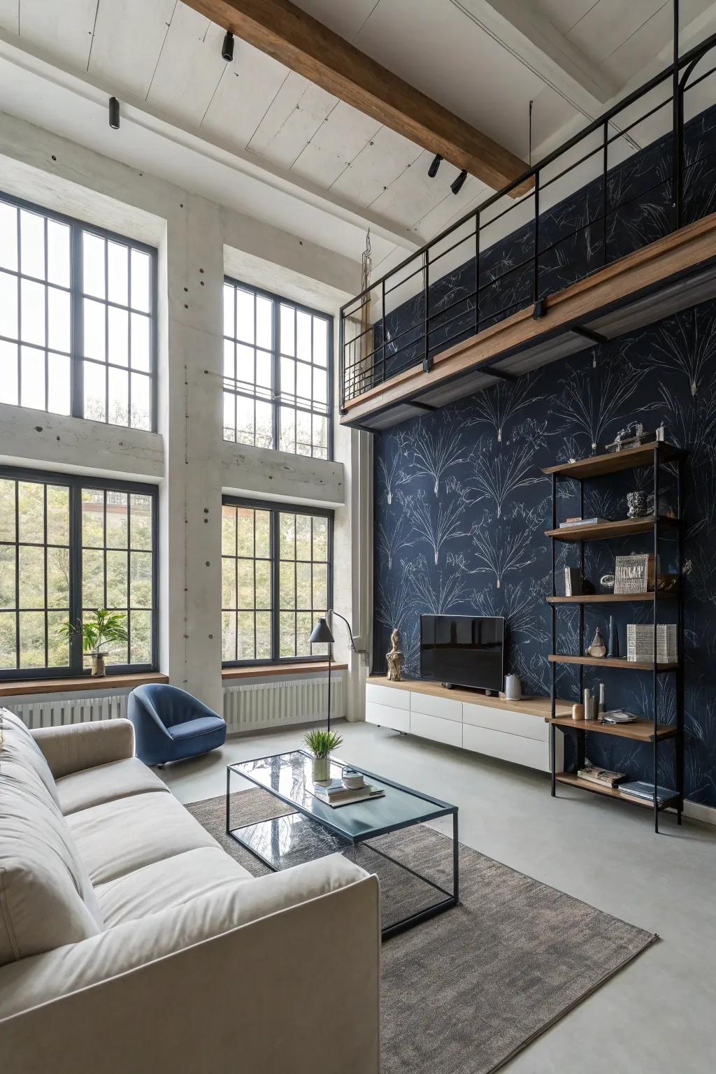 Industrial-style deep blue wall coverings add an edgy touch.