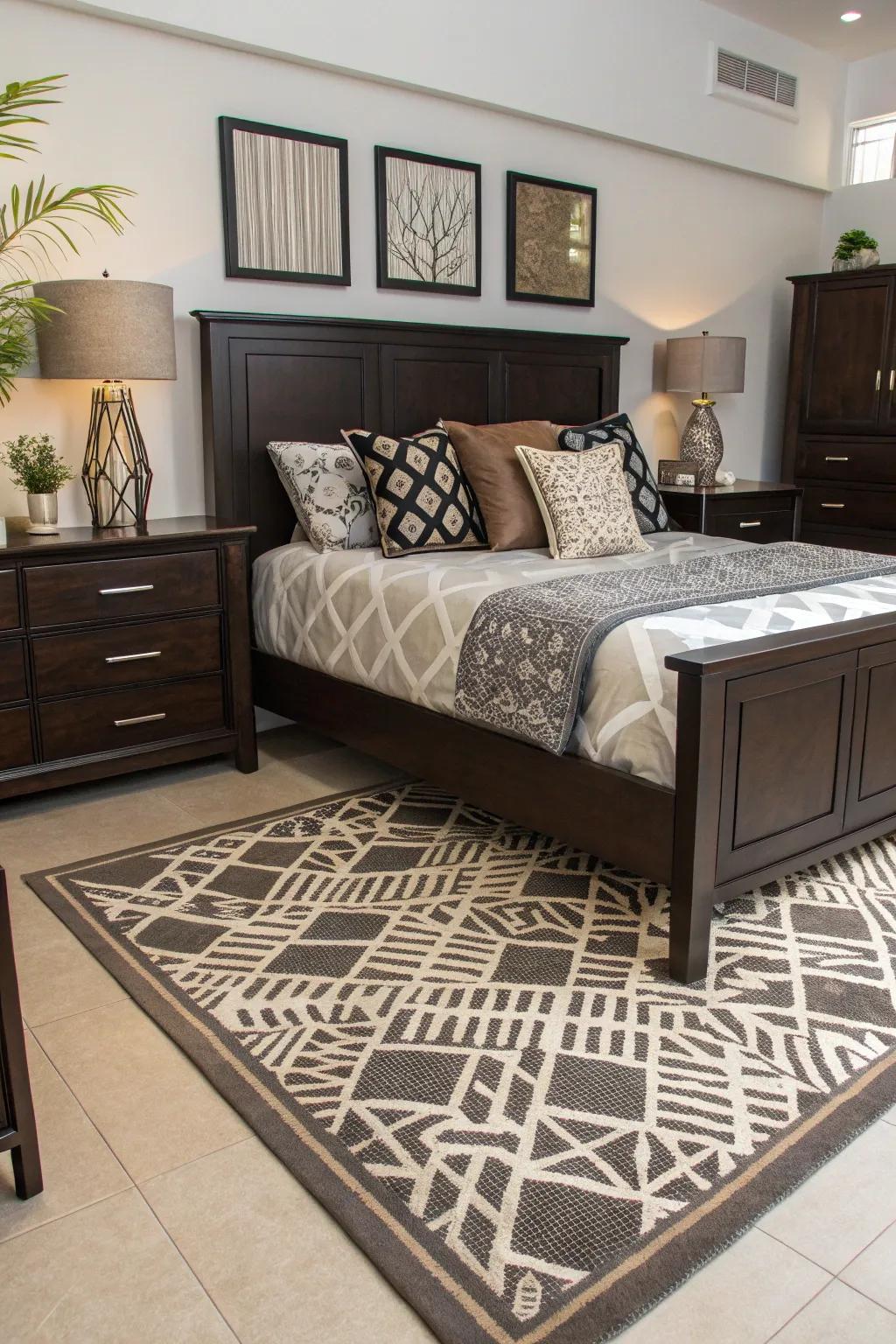 Geometric layouts add a modern look to dark brown interiors.