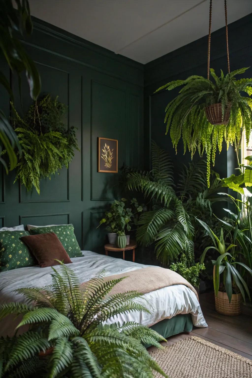 A dark green bedroom infused with lush greens like ferns and palms.
