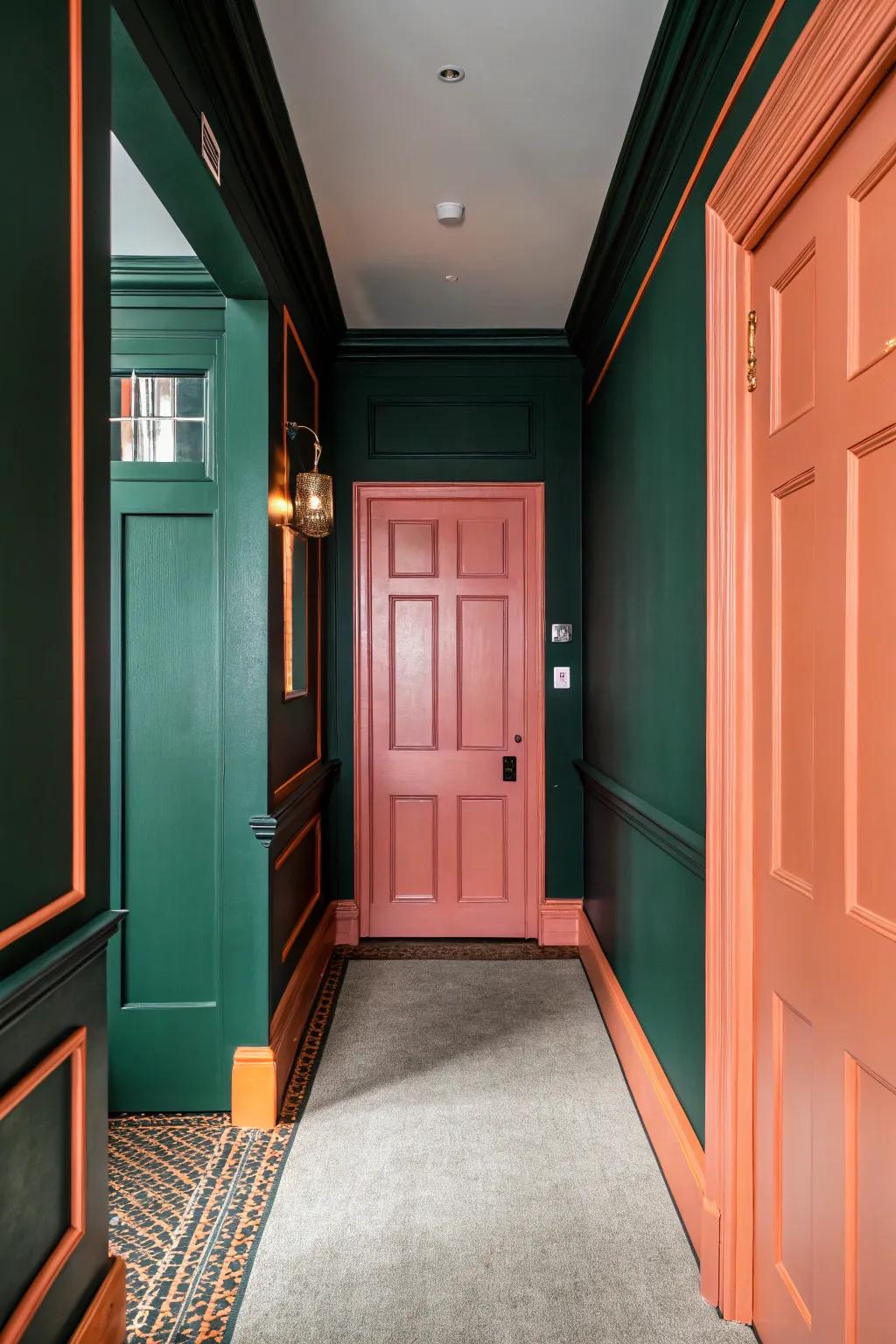 Unexpected shade combinations add interest to the hallway.