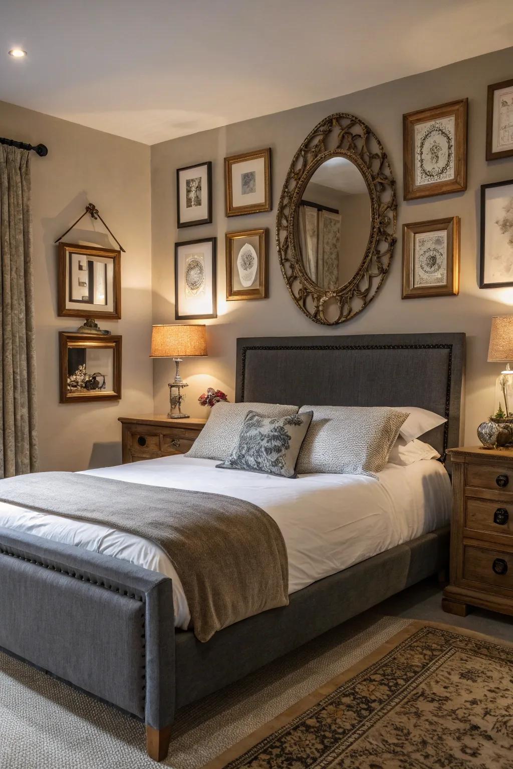Mirrors reflect light and amplify the beauty of a grey-themed bedroom.