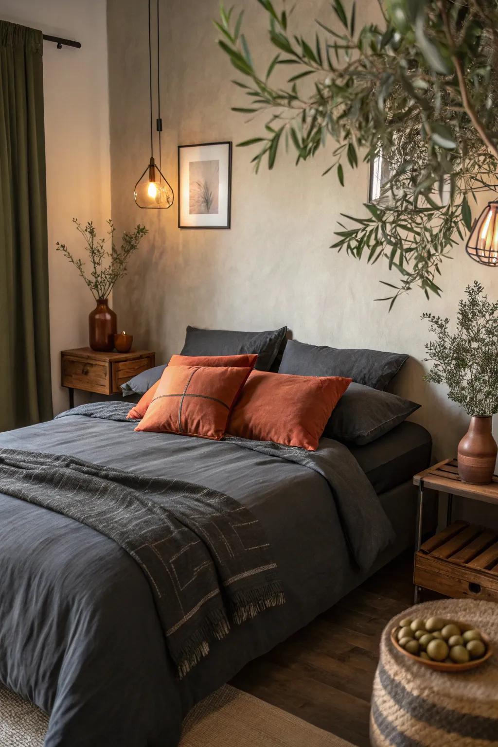 Charcoal bedding is made more cozy and warm with earthy tones.