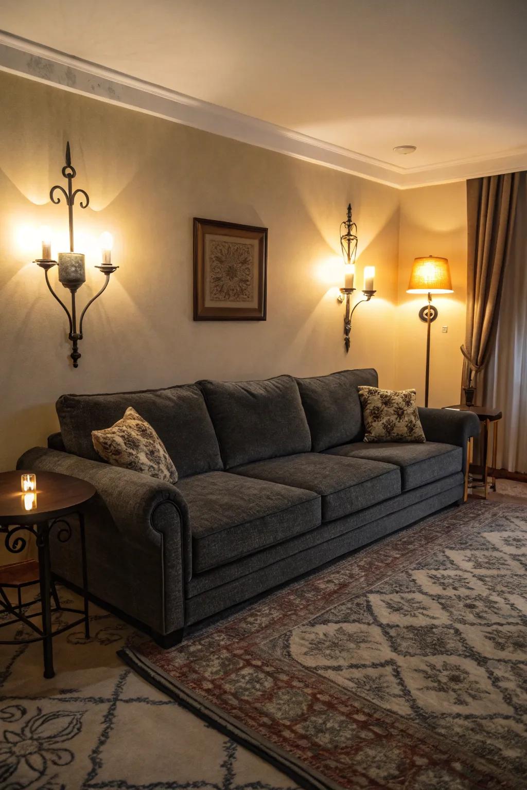 Mood lighting contributes coziness and invites relaxation.