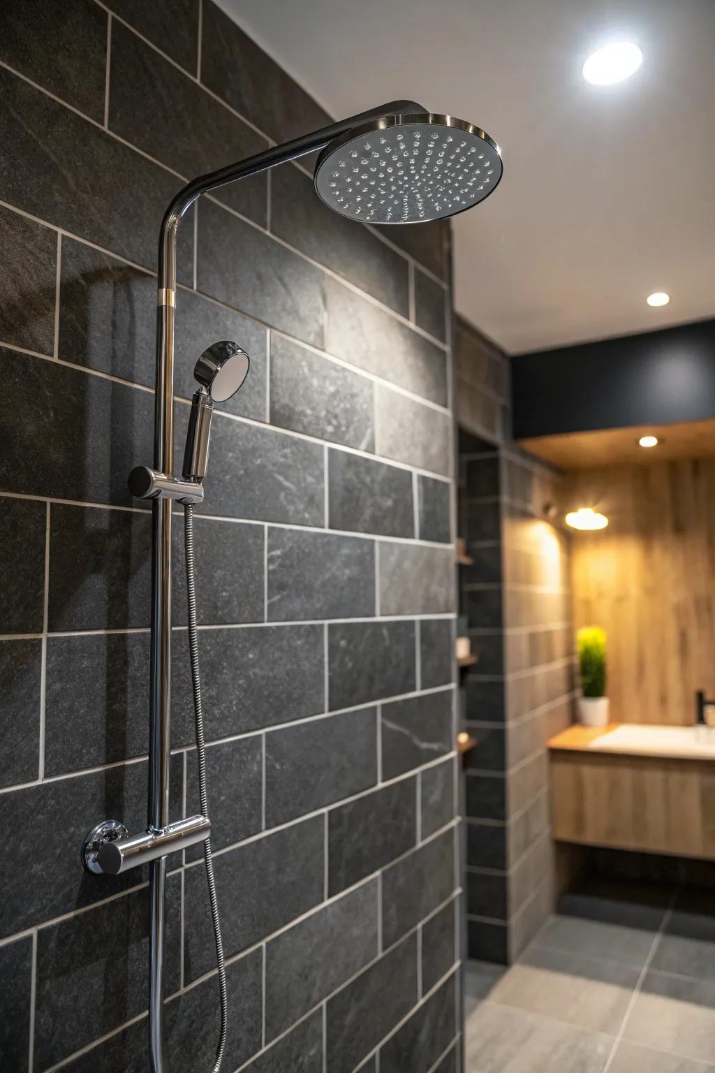 Lighting enhances the textures of dark grey tiles, creating a dynamic look.