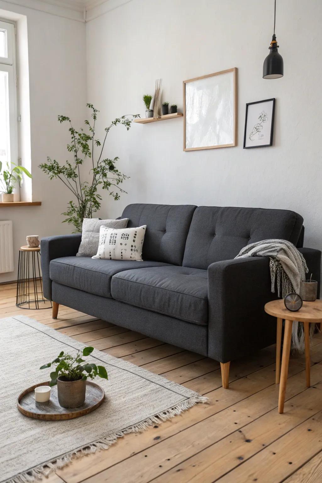 Nordic simplicity enhances the elegance of a grey couch.