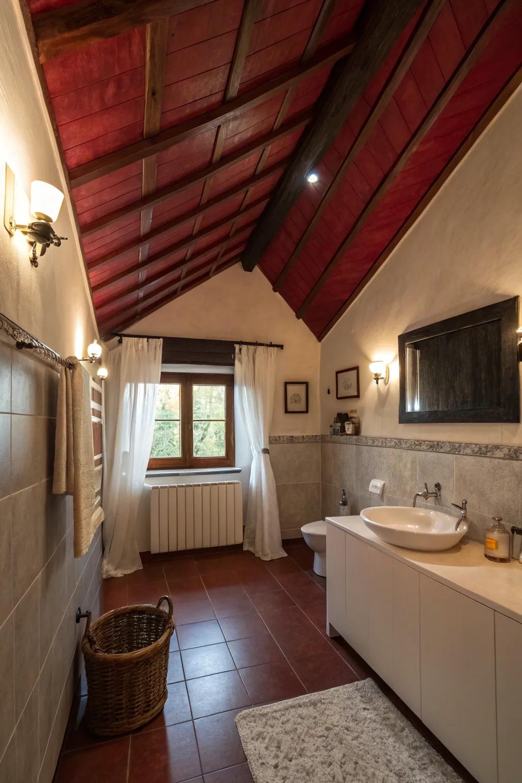 A red ceiling adds a surprising and snug touch to the bathroom.