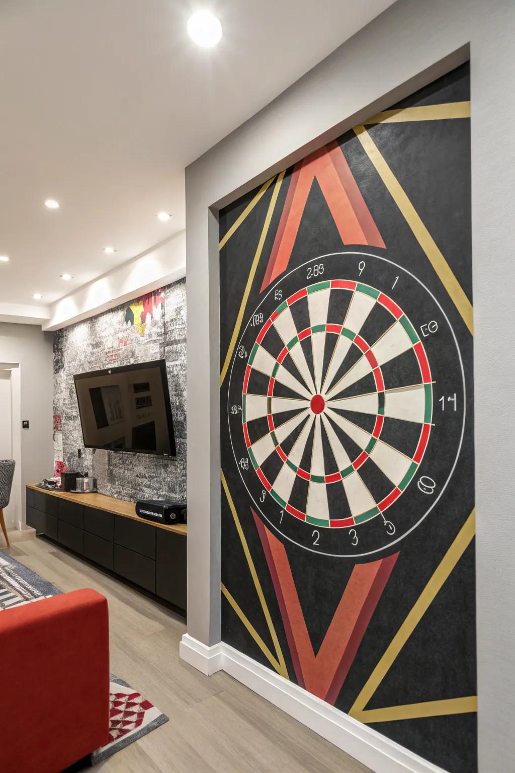 Geometric patterns bring a modern flair to your dart board setup.
