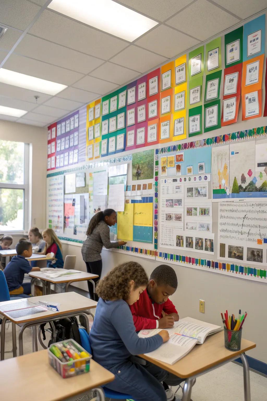 A data wall section celebrating individual learner development narratives.
