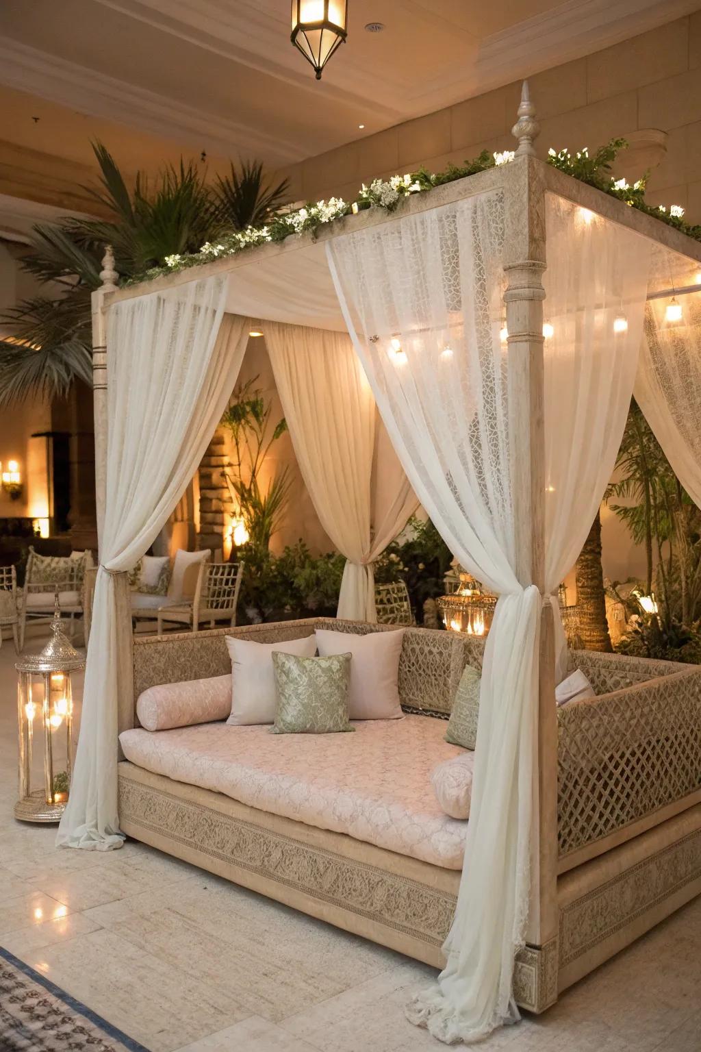 A daybed featuring a canopy, constructing a dreamy and ethereal atmosphere.