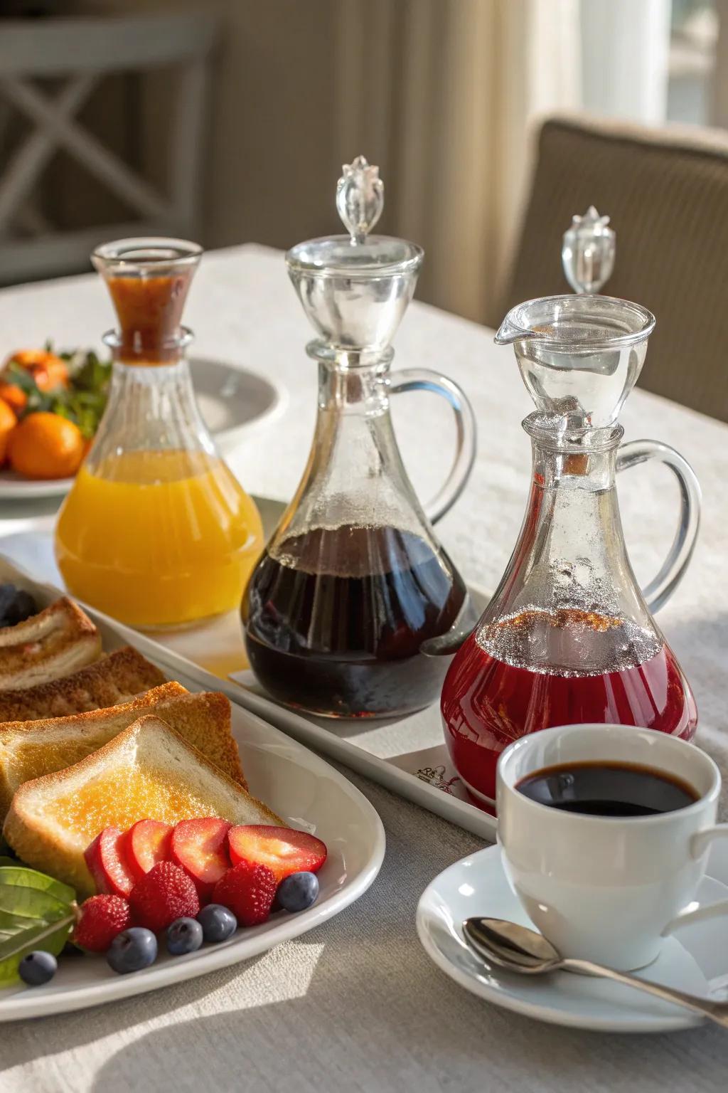 A breakfast table featuring glass vessels used for serving syrups.