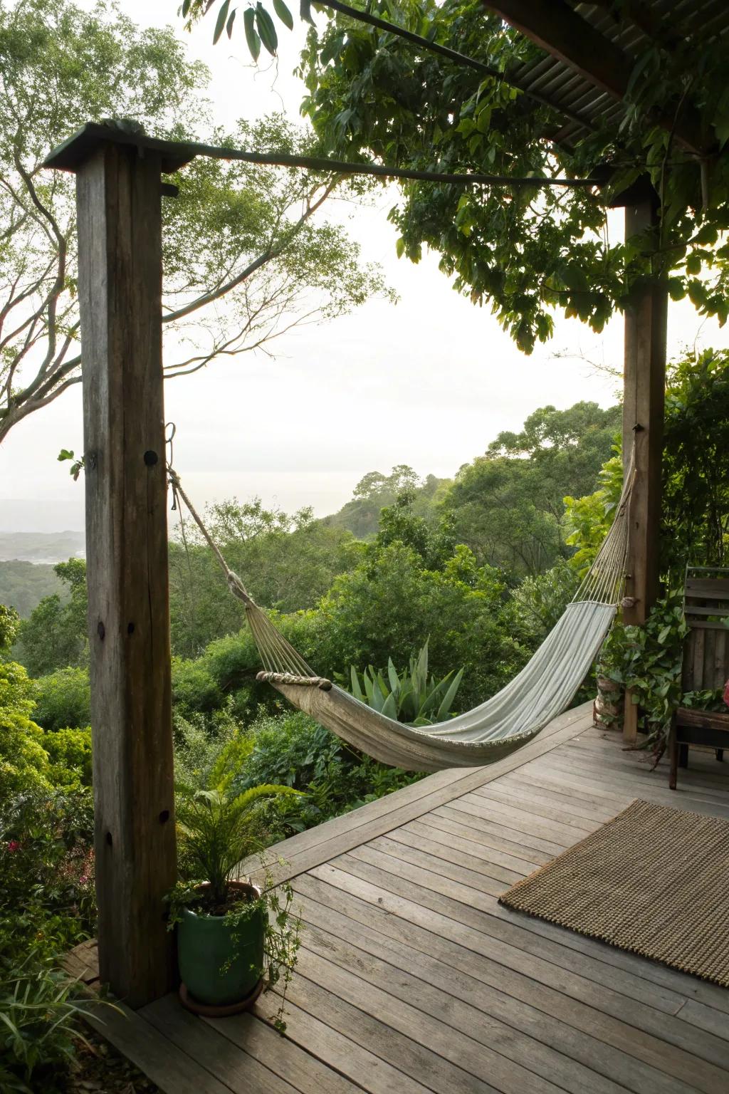 A hanging bed adds a unique and relaxing lounging option to your deck.