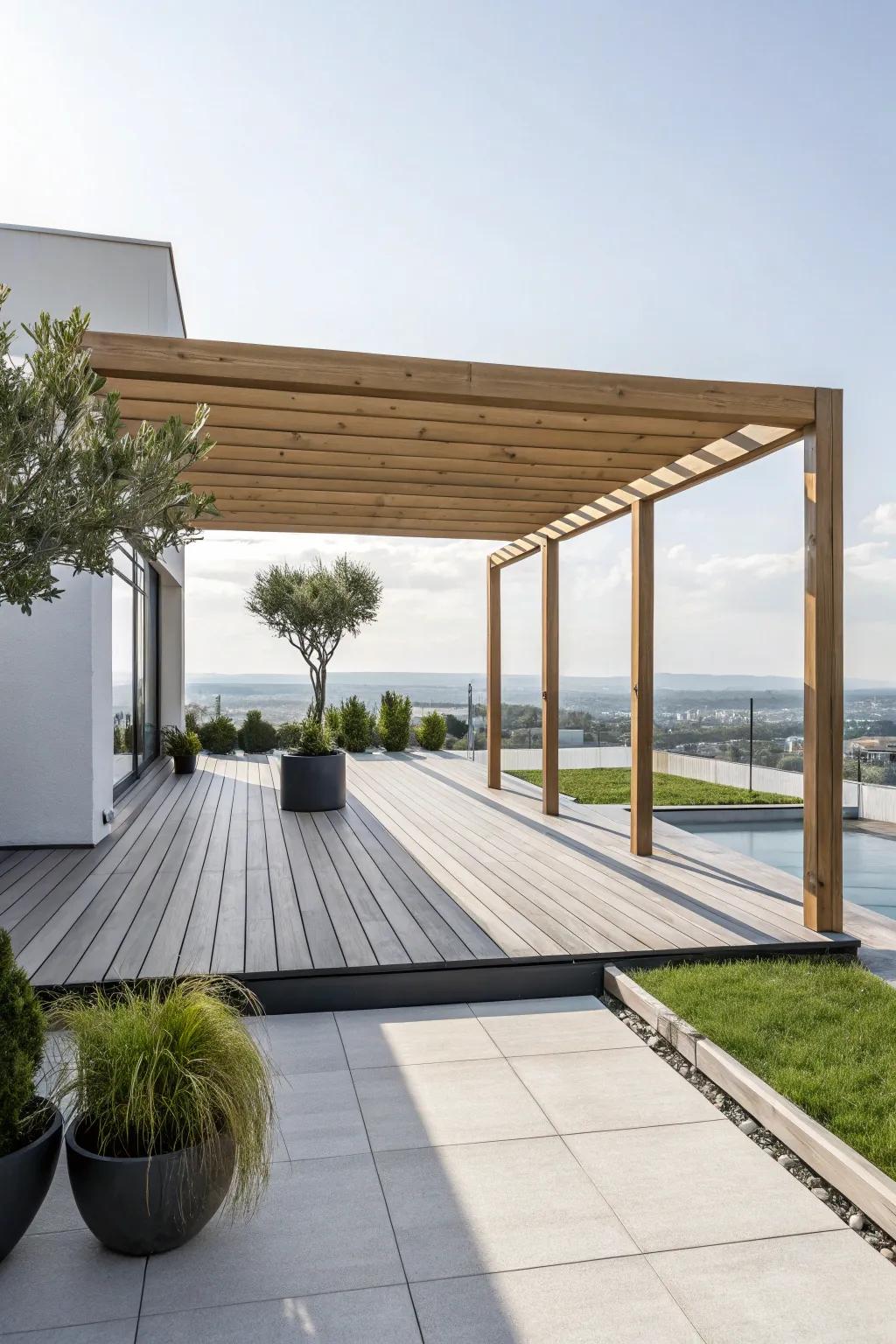 A streamlined, minimalist pergola for a contemporary deck aesthetic.
