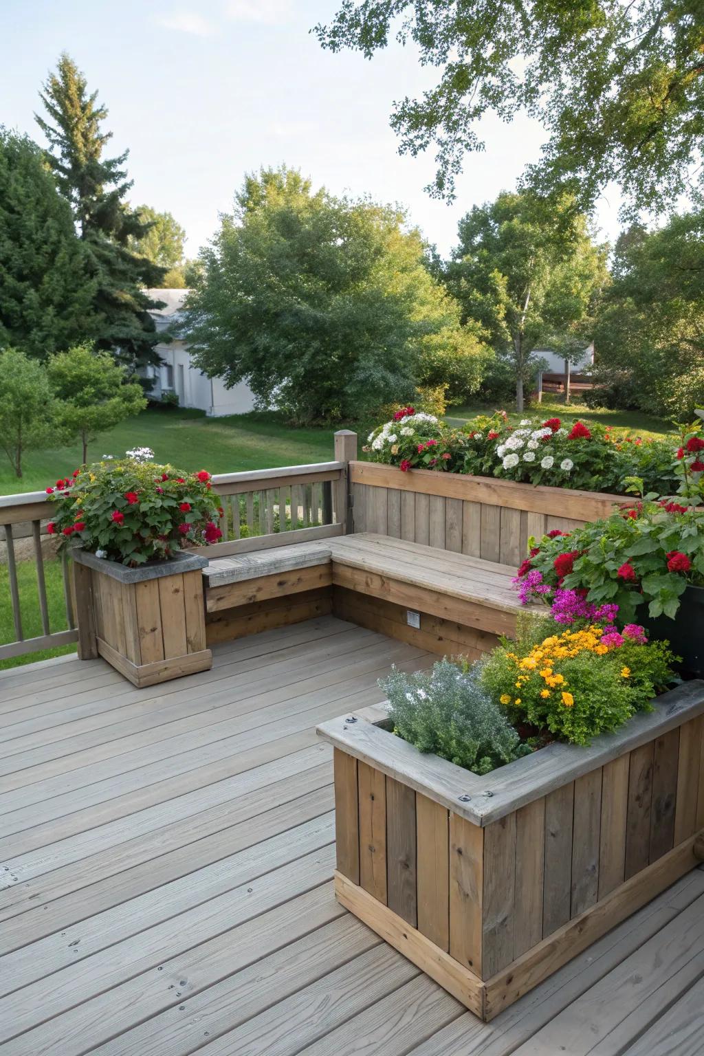 A social hub with L-shaped seating and plants.