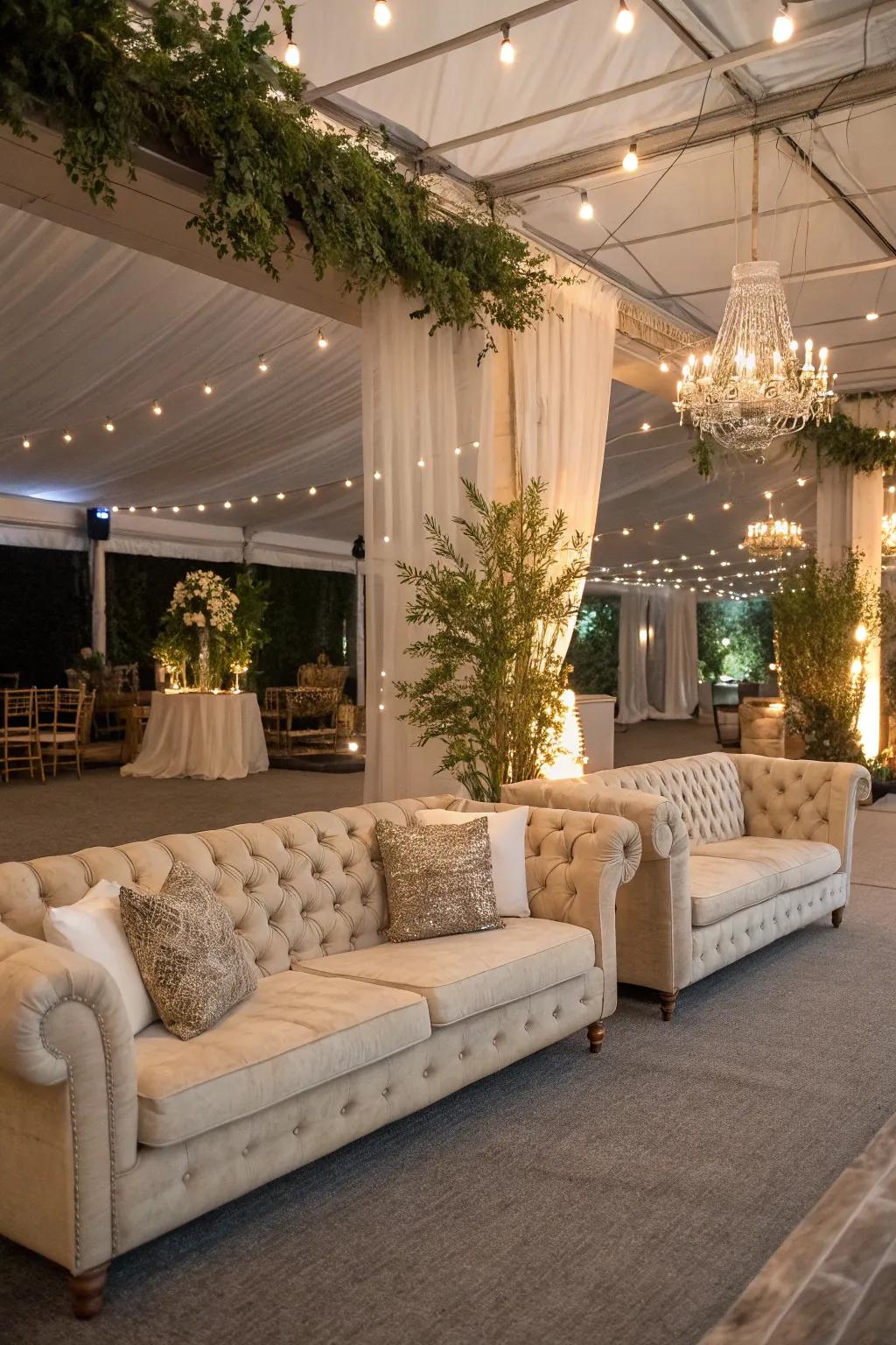 Chic lounge areas offering cozy relaxation spots at a wedding.