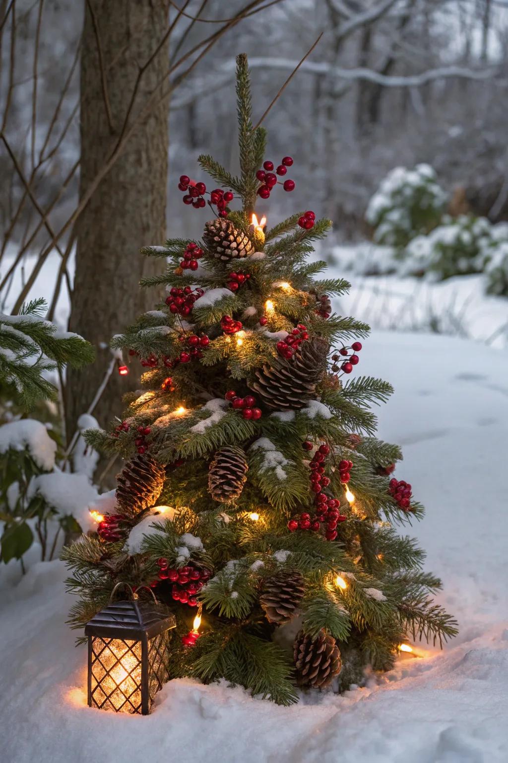 A winter berries-themed Christmas tree with natural lights and decorations.