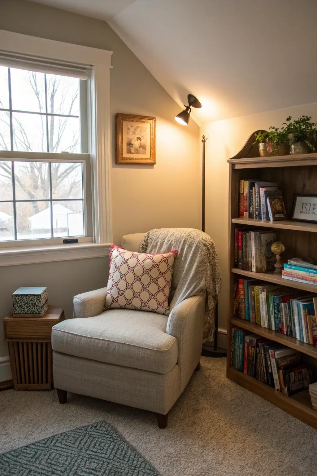 A cozy reading nook transforms an unused corner of a small bedroom.