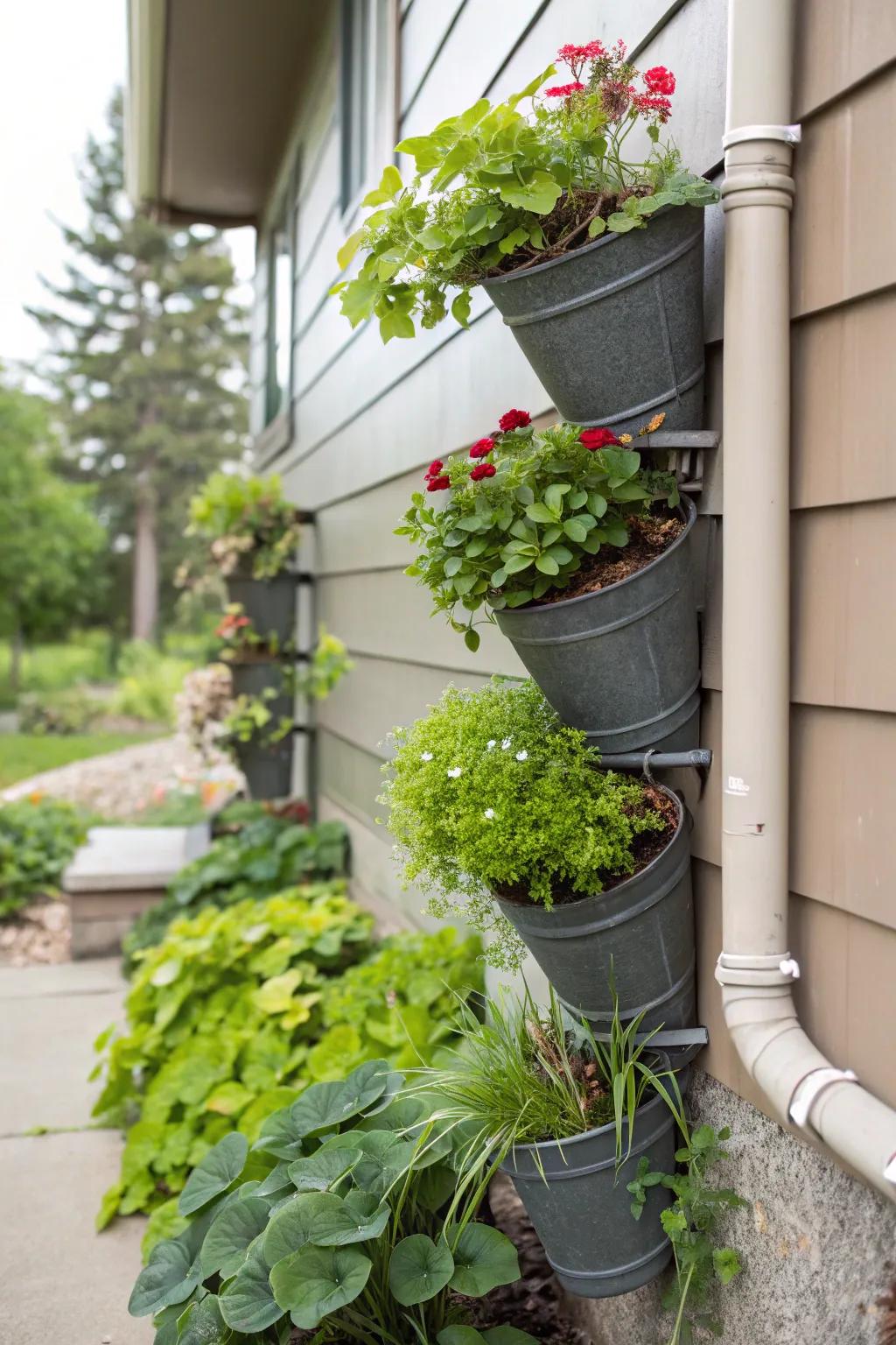 Bucket brigade planters add whimsy and functionality to downspouts.