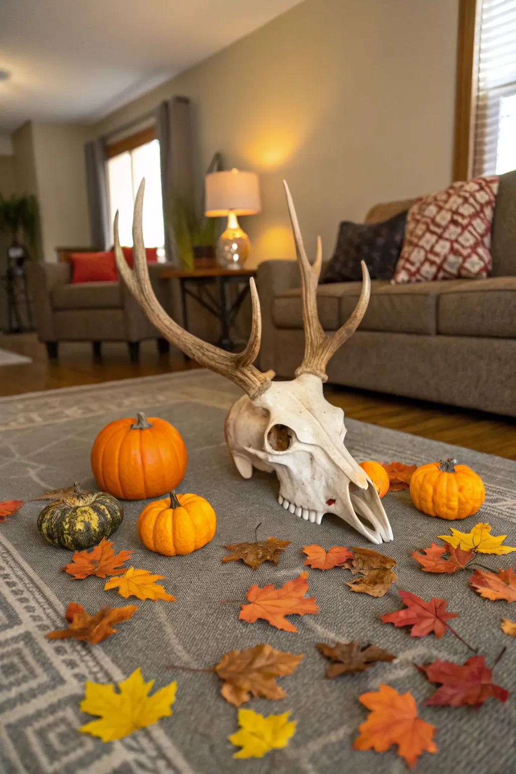 Themed decor highlights introduce a festive touch to a deer skull display.