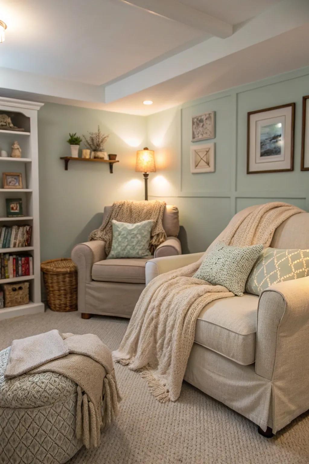 Soft textures create a peaceful retreat in the snug space.