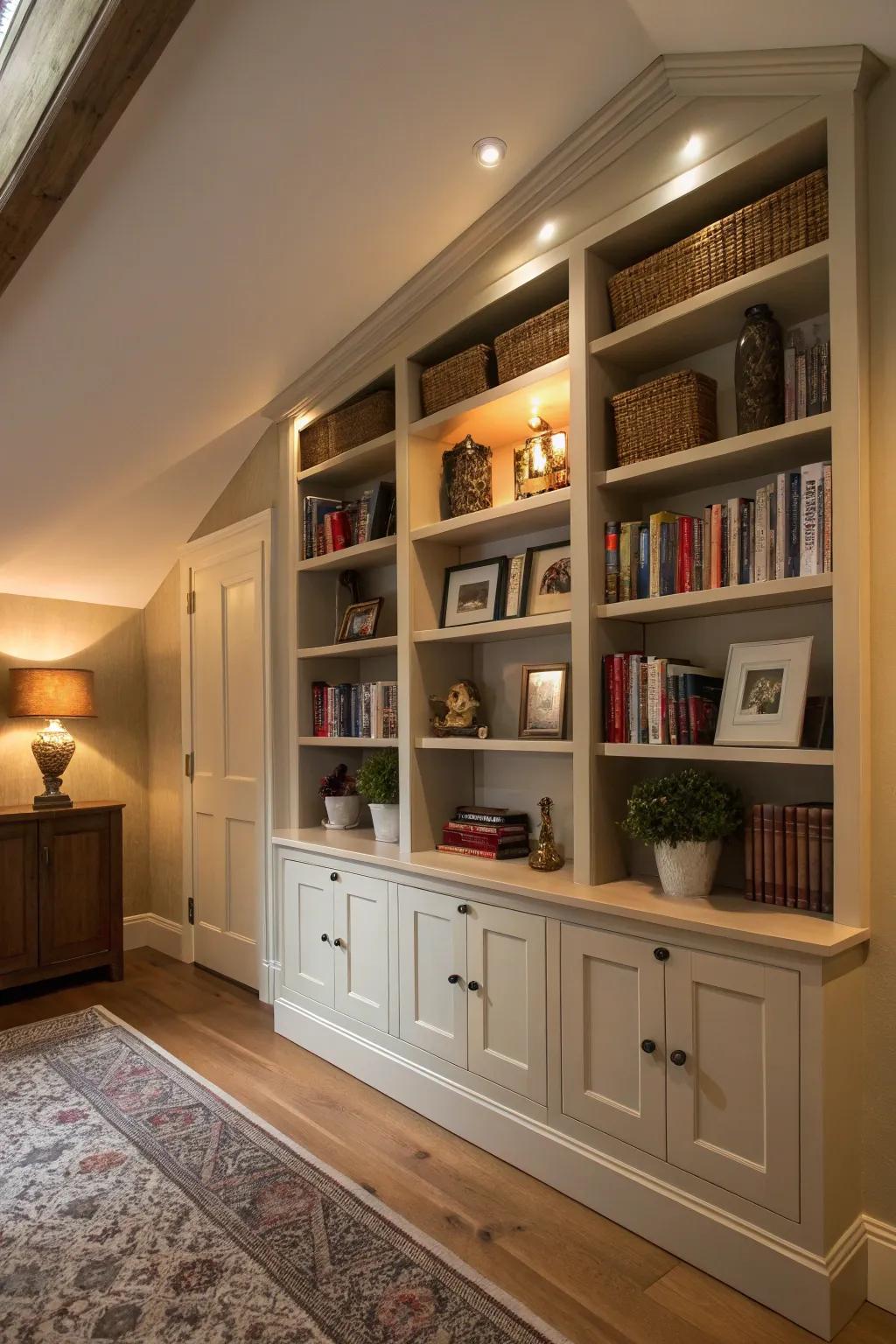A relaxation room featuring efficient integrated shelves and cabinets for elegant storage.