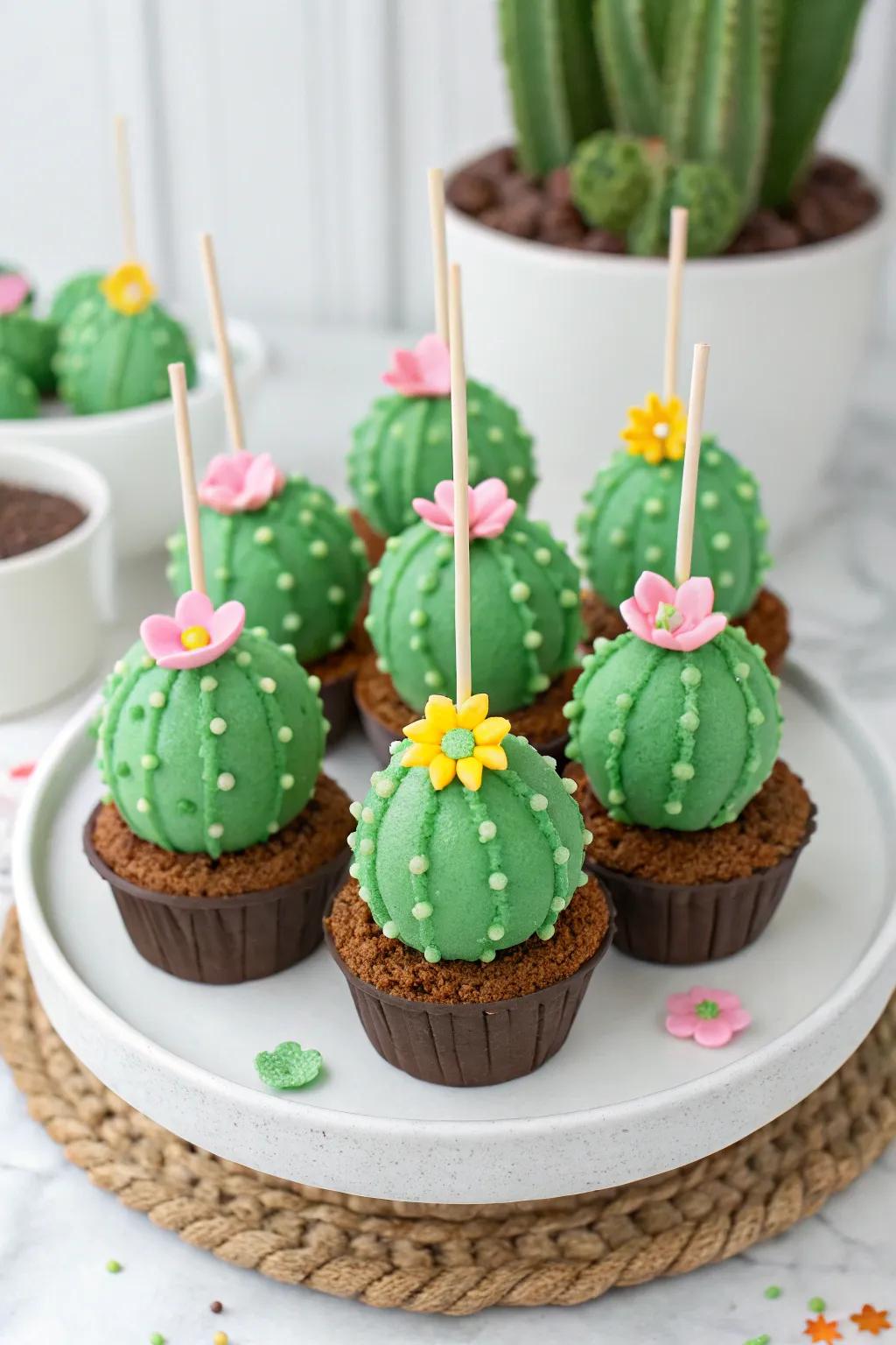Spiked Goodness baked good lollipops adorned with verdant icing and miniature fondant flora.