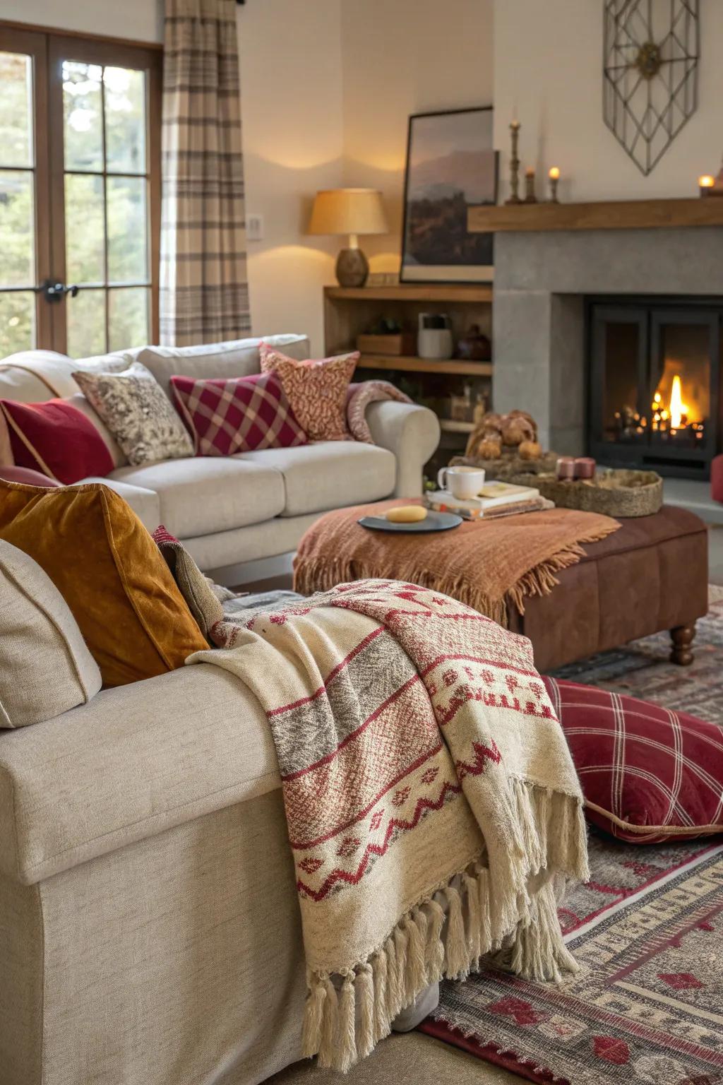A comfortable living space enriched with opulent fabrics.
