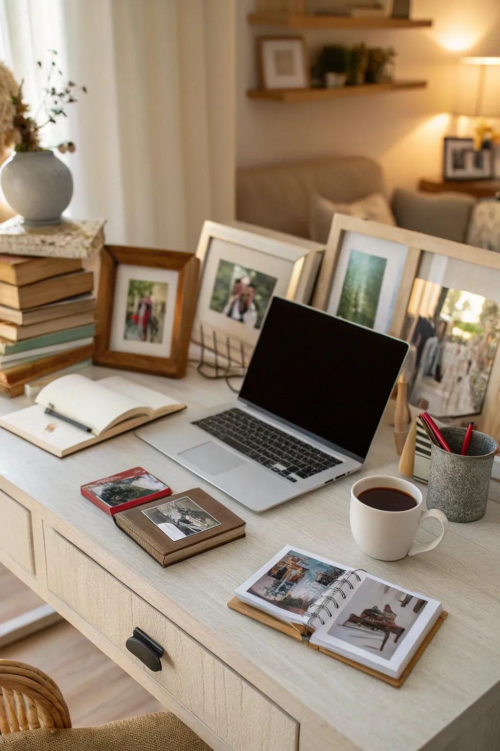 Personal photos contribute personality and warmth to your desk.