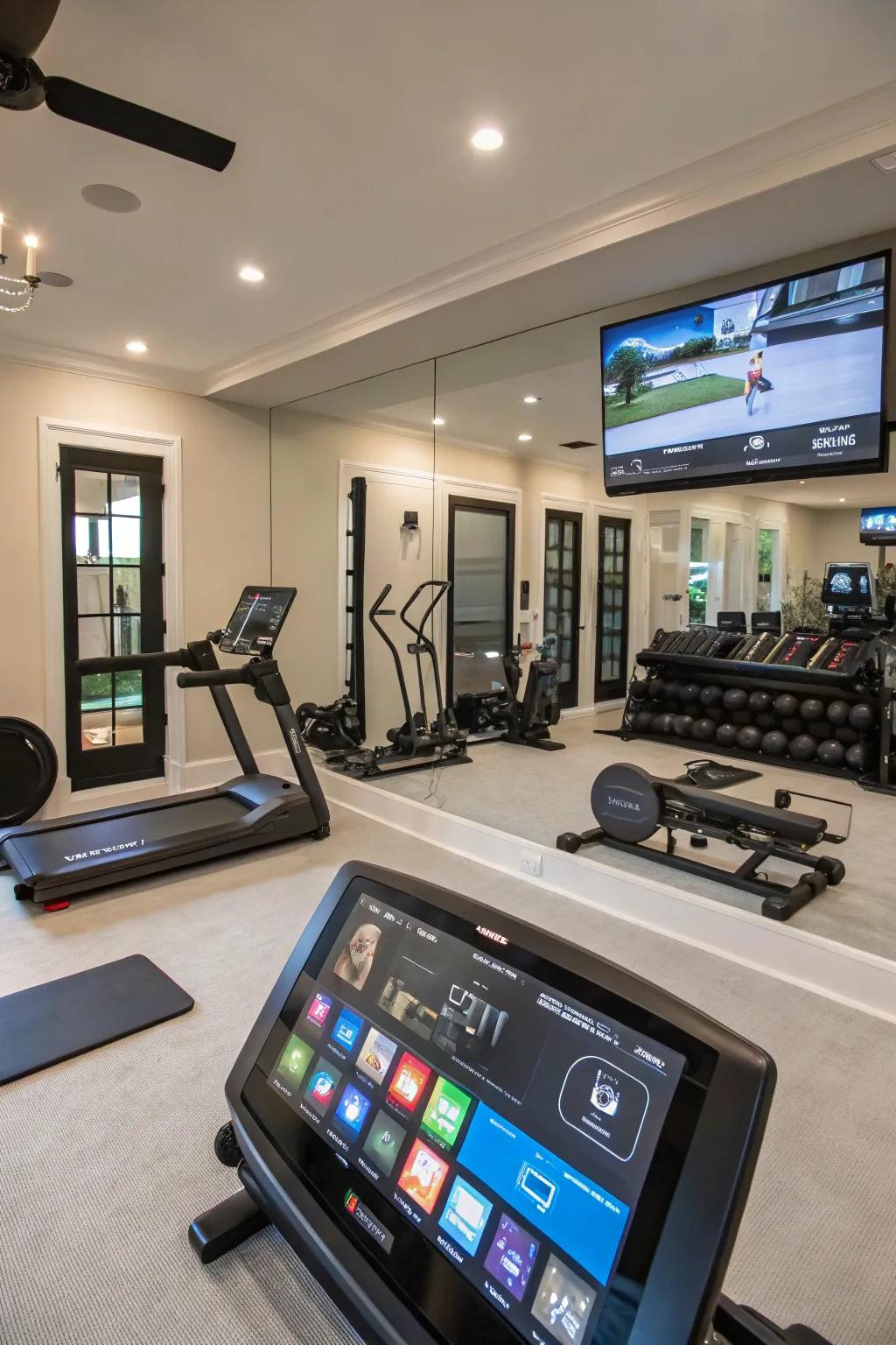 A high-tech fitness space designed with smart technologies that enhance the workout experience.