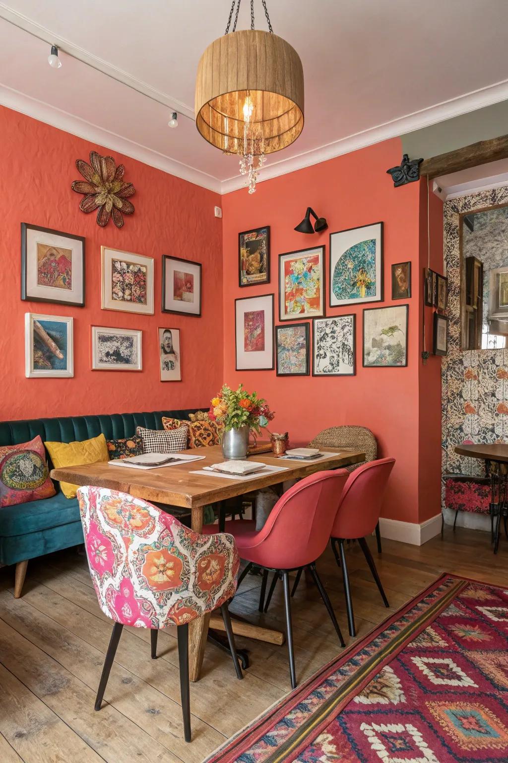 A lively dining space energized by the vibrant hue of coral.