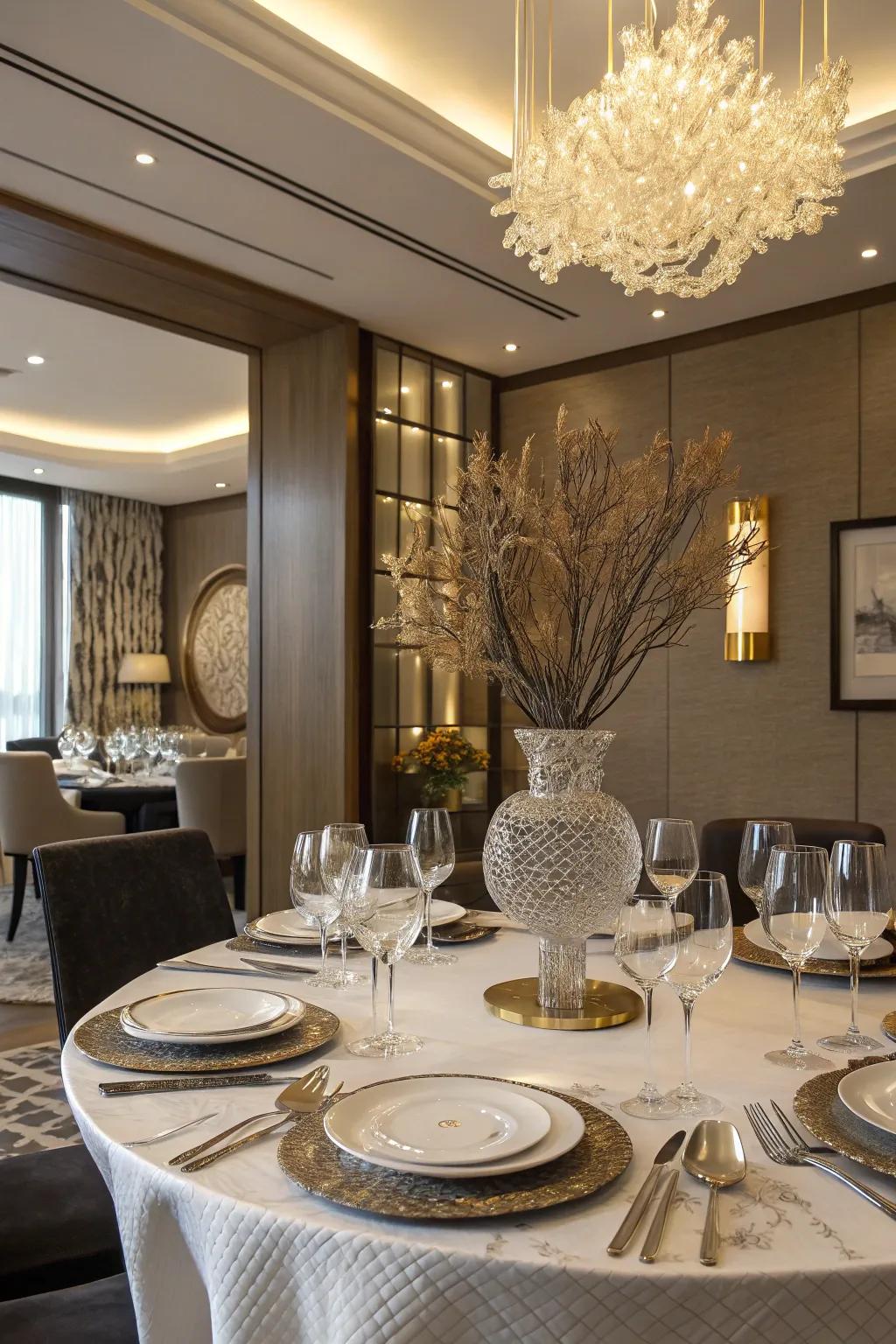 A sculptural centerpiece adds interest and anchors the dining table.