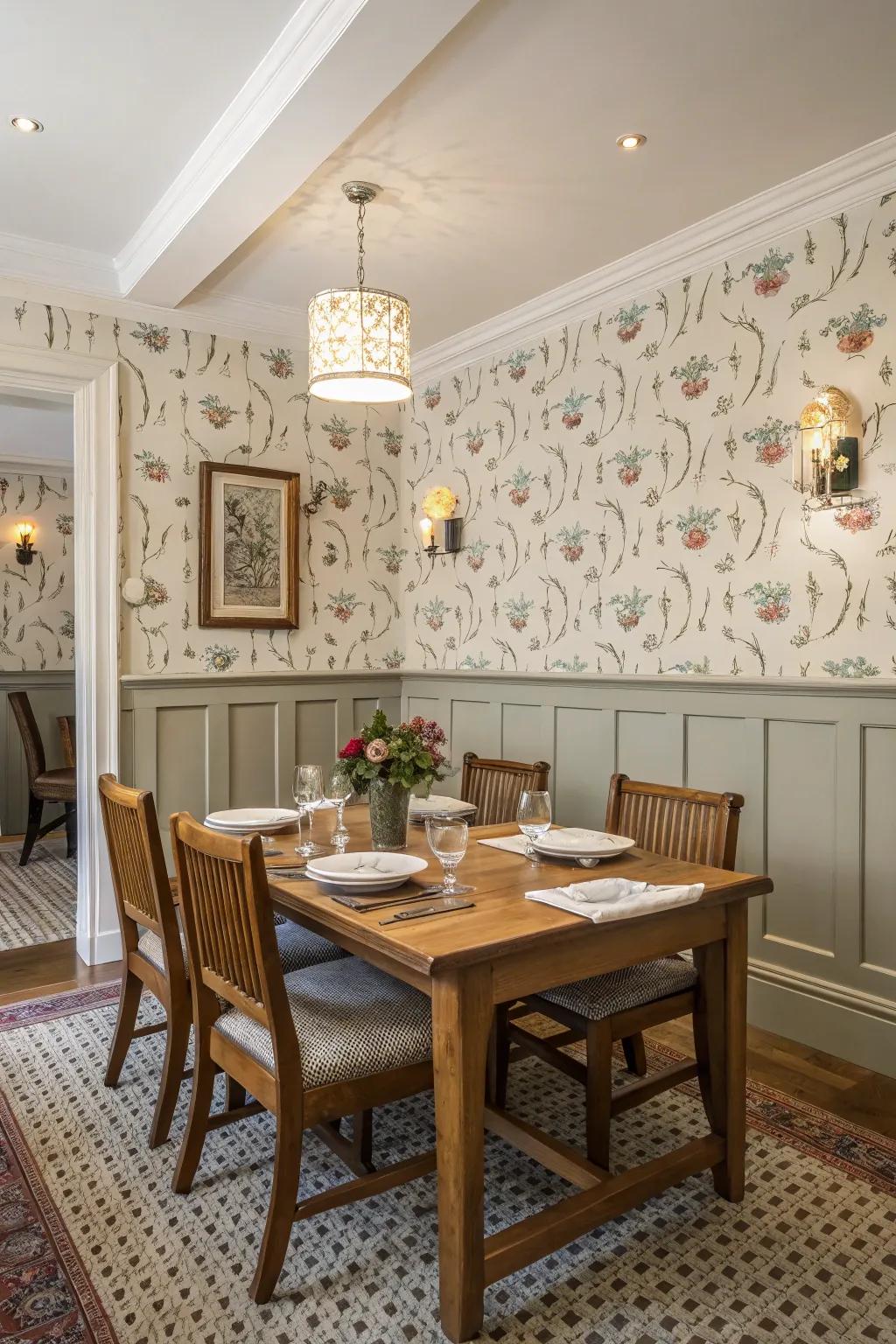 Whimsical wallpaper paired with wainscoting creates a playful dining space.