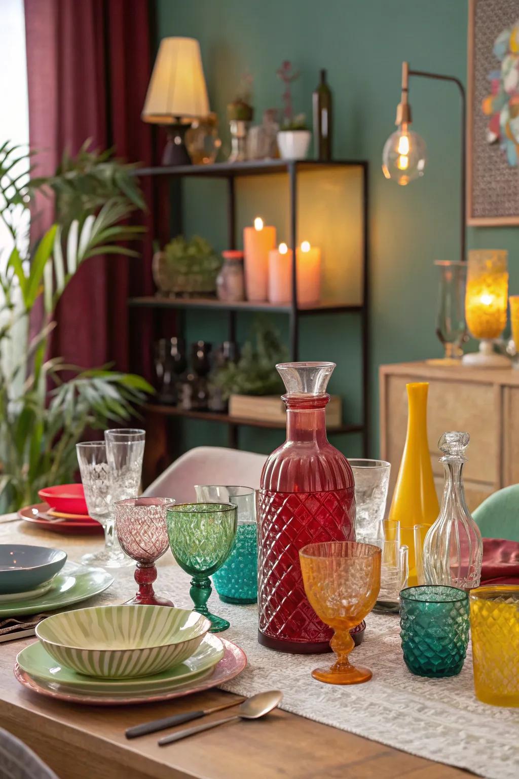 Eclectic glassware adds a lively touch to the table.