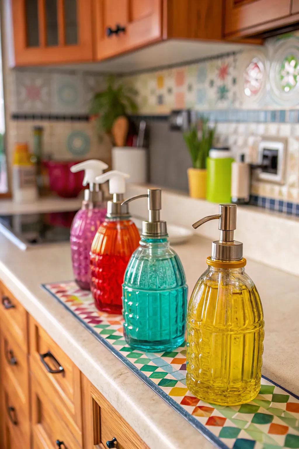 Colorful glass dispensers add a playful pop of color.