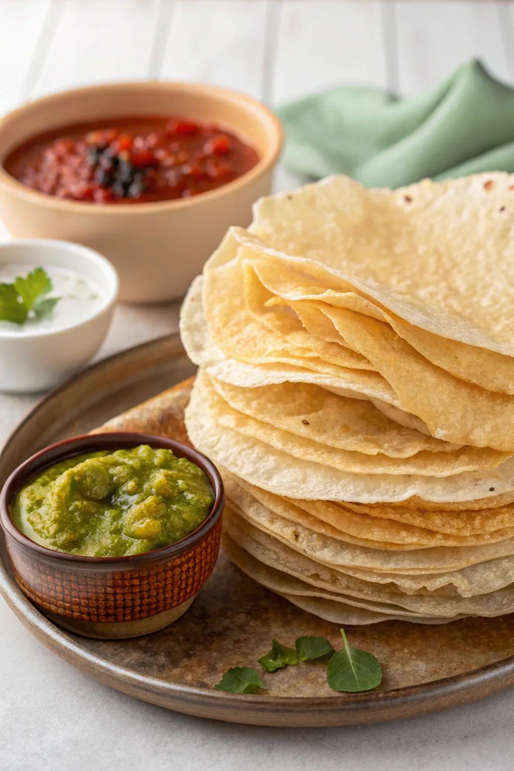 Crispy thin crackers with chutneys, perfect for adding crunch to your meal.