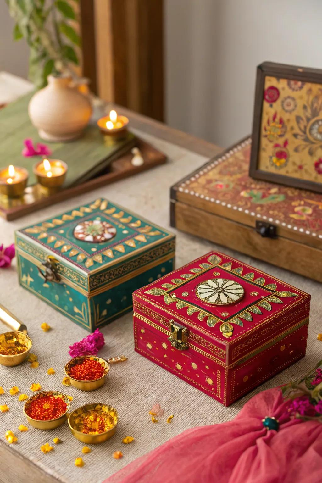 Finely detailed jewelry holders serve as unique decorative items on the Diwali surface.