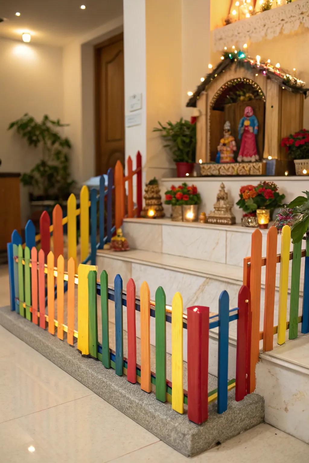 Popsicle stick fences add structure and color to the Golu setup.