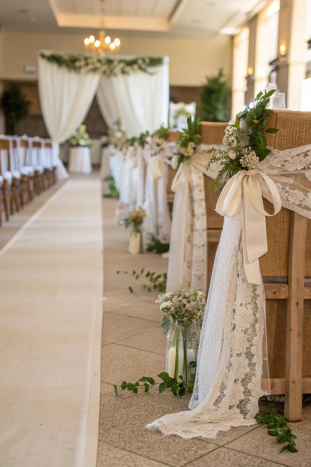 Hessian and lace present countryside elegance to your wedding aisle.