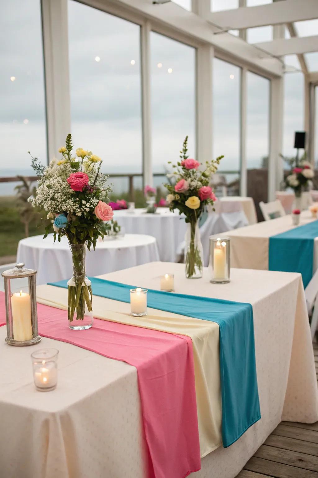 Vibrant tables with colorful fabric runners.