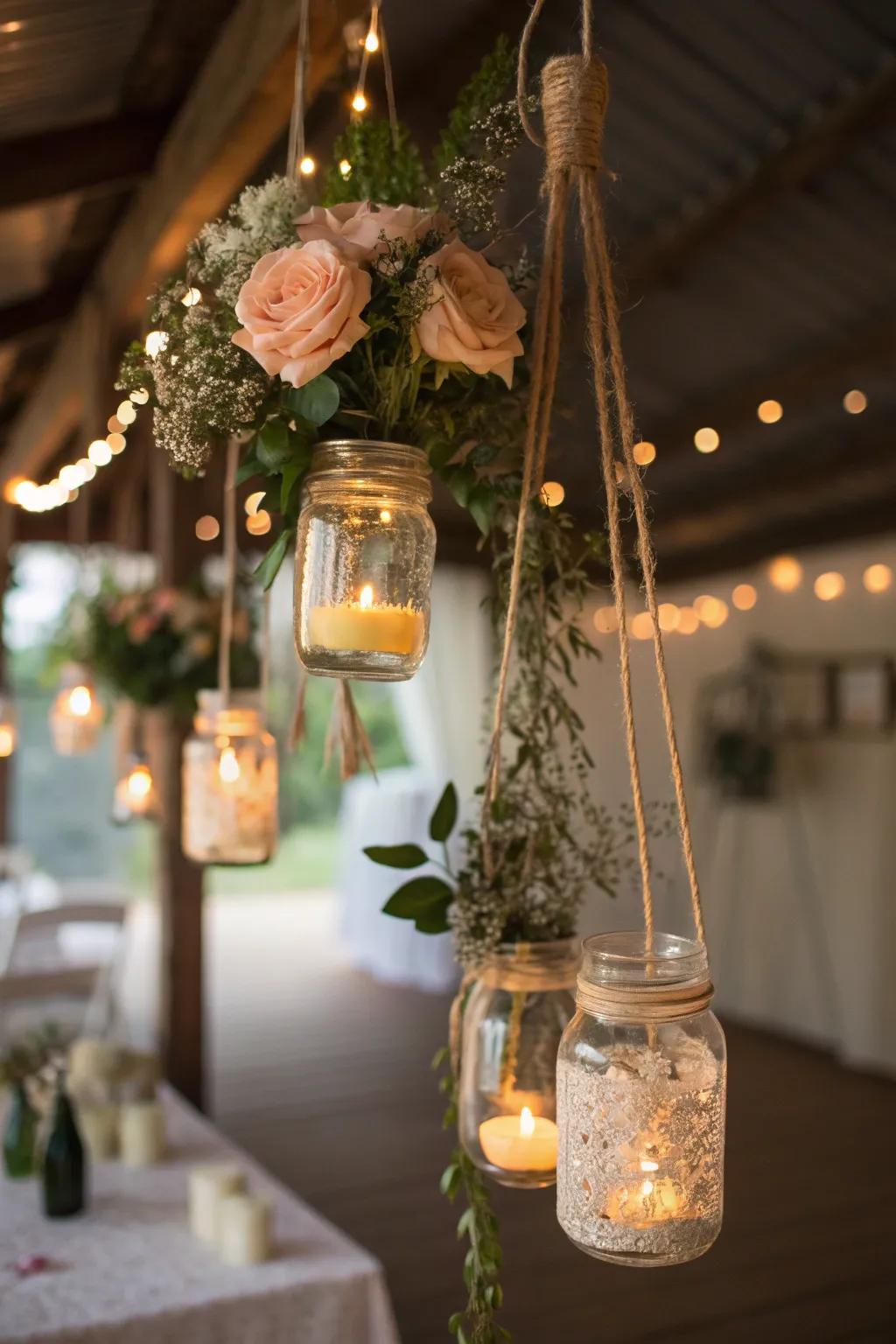 Conjure the semblance of a starry evening through appealing suspended jar lights.