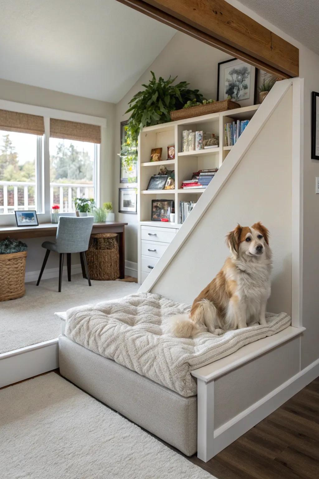 An elevated platform dog nook presents a lavish bed and an authoritative view of the space.