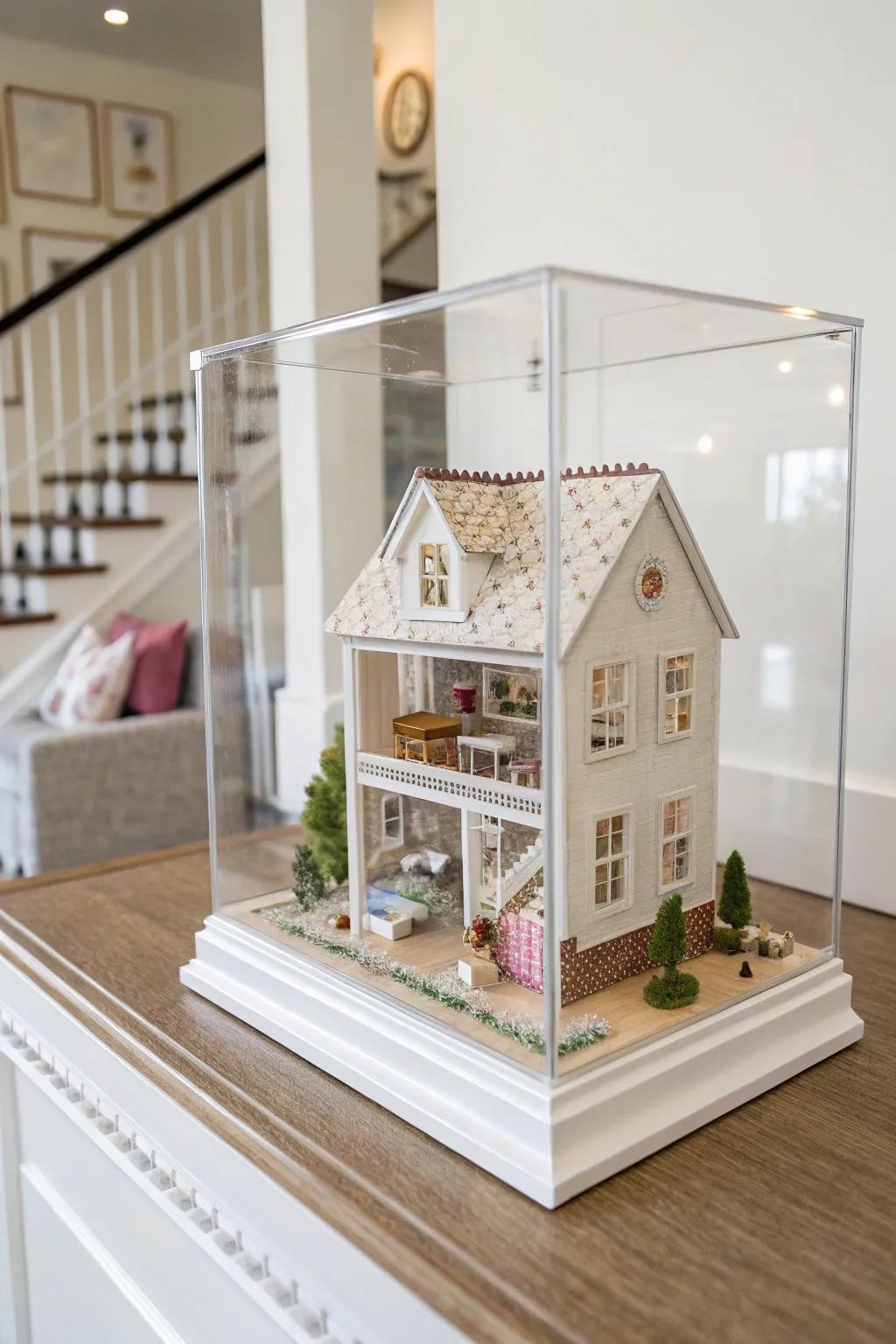 Acrylic cases provide protection and elegance for dollhouses.