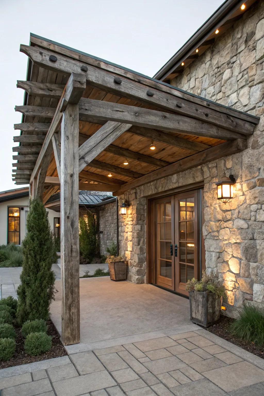 A lumber beam shelter that enhances the natural charm of the entrance.