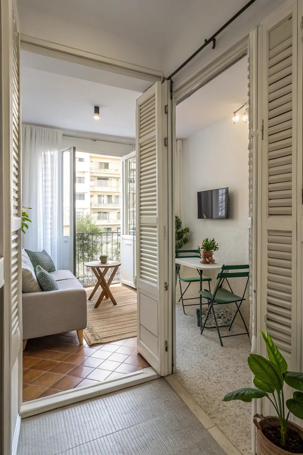 Jalousie doors ensure airflow and separation in this airy studio apartment.