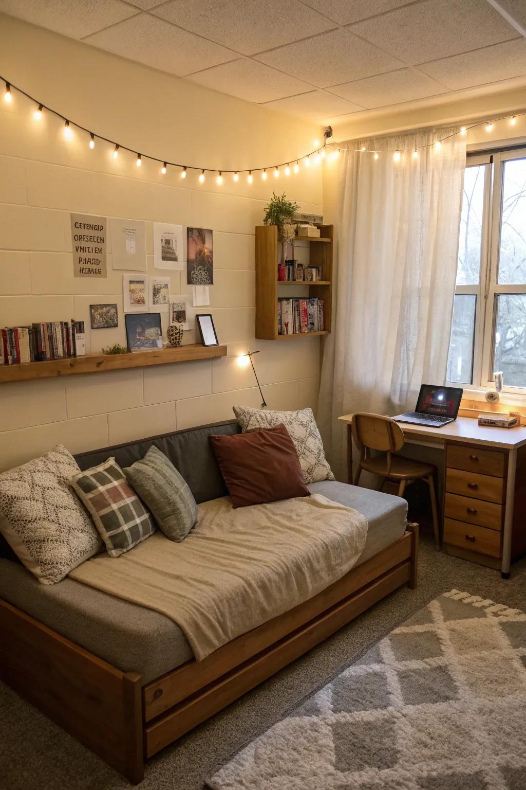 In this dorm, the modular couch pieces let you customize the seating.