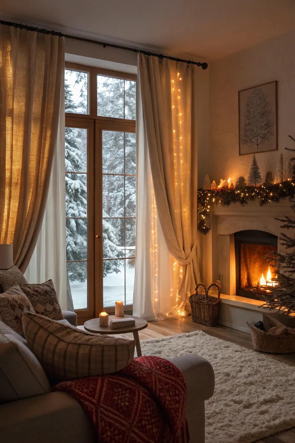 Seasonal curtain changes create a cozy winter atmosphere in this inviting living room.