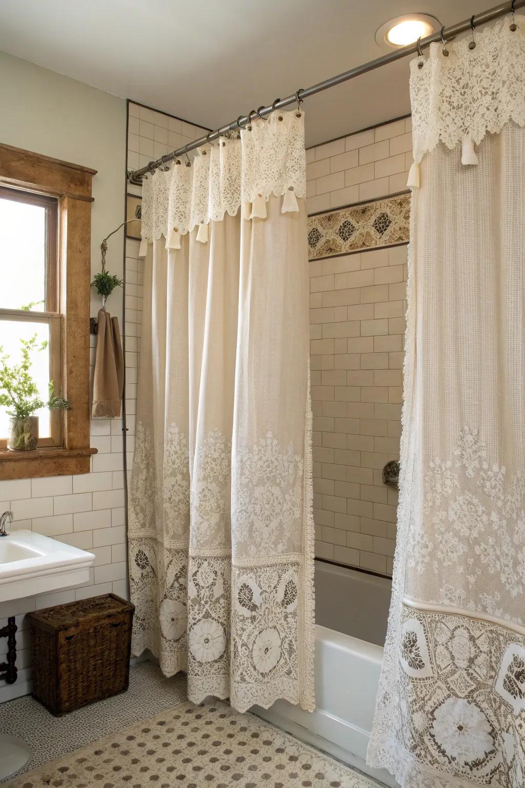 Lace curtains introduce a vintage allure to your bathroom aesthetic.
