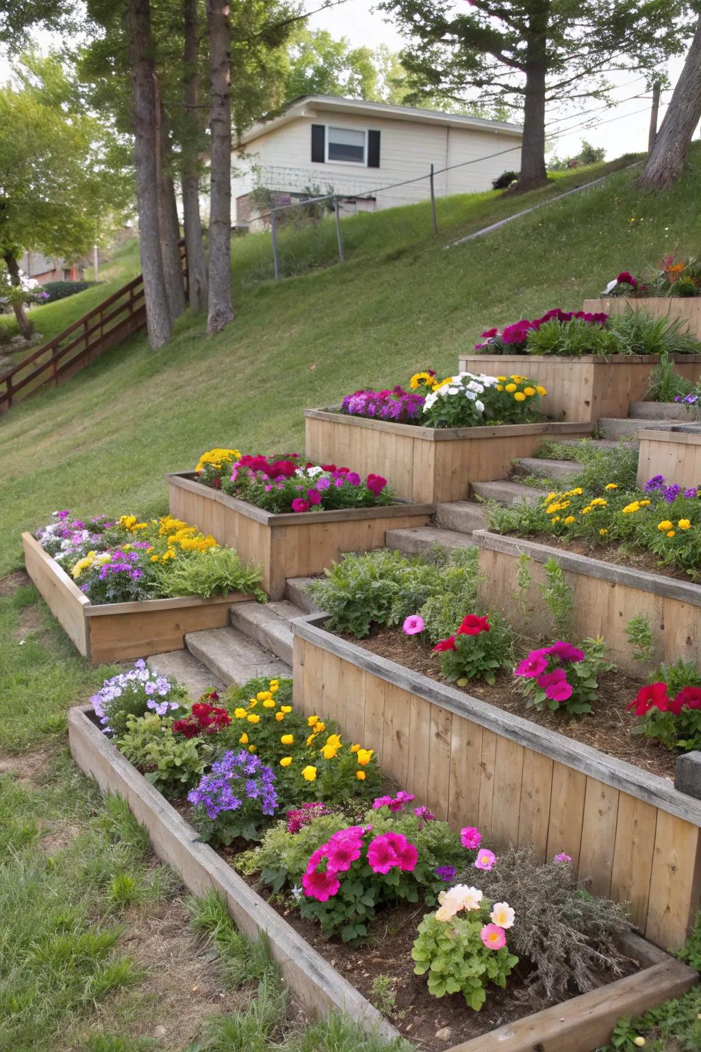 Varied flower beds add vibrant color and depth to sloped gardens.